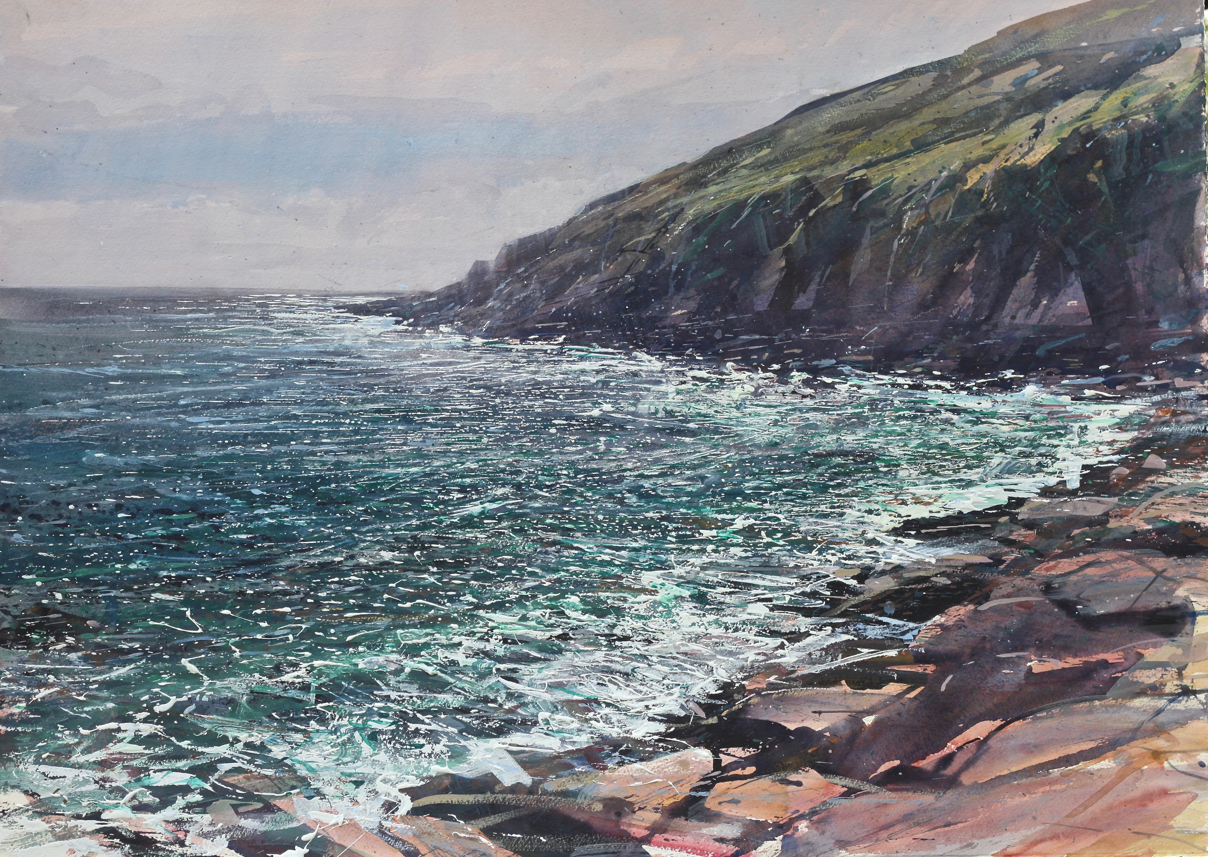 Artwork by Paul Lewin depicting a lively sea simmering over the shore